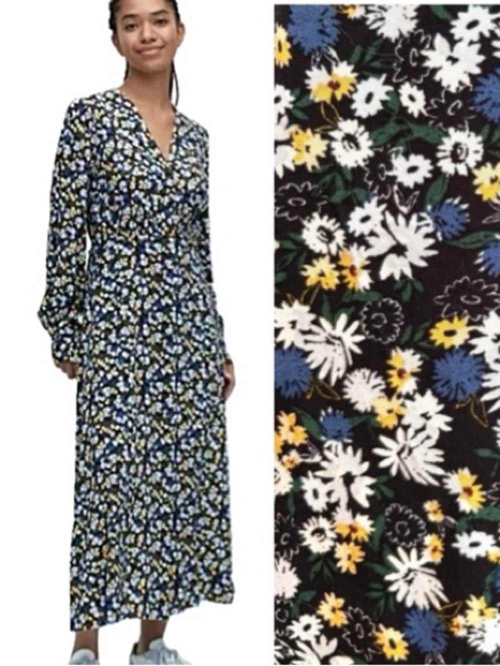 Uniqlo Ditsy Floral Button Front Midi Dress Size XS Puff Long Sleeve Cottagecore